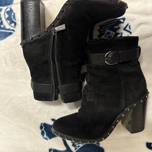 Michael Kors Black Suede Heeled Boots with Studded Detail